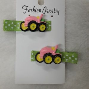 Girls Handmade Pink Green Tractor Novelty Alligator Hair Clips